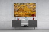 Pyramids of Giza glass wall art displayed above a console in a modern interior