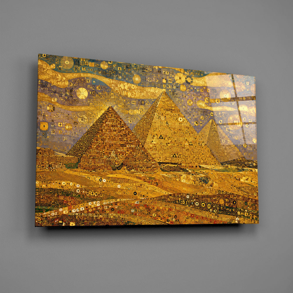 Pyramids of Giza glass wall art mounted flat on a grey wall