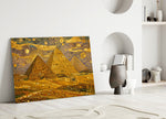 Pyramids of Giza glass wall art leaning against a wall in a minimalist interior