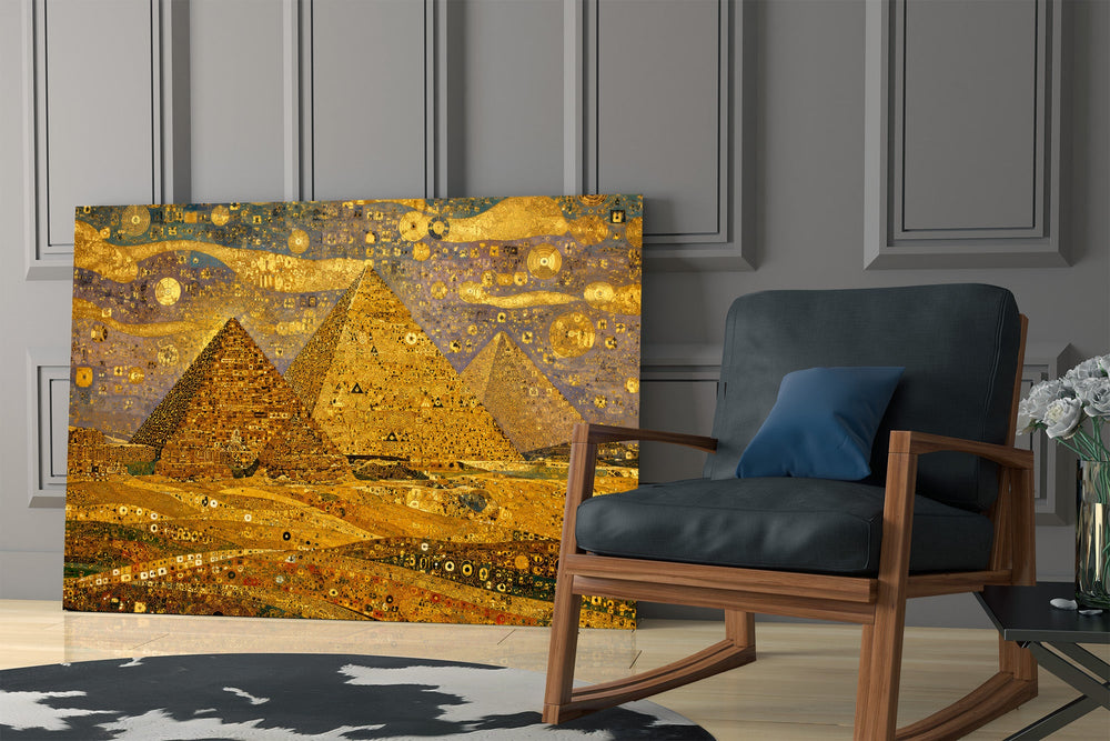 Pyramids of Giza glass wall art hanging as a focal point in a modern room