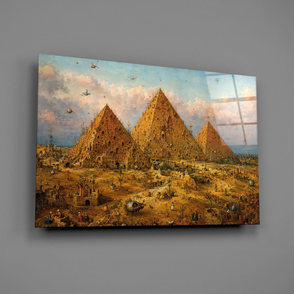 Pyramids of Giza glass wall art mounted flat on a grey wall