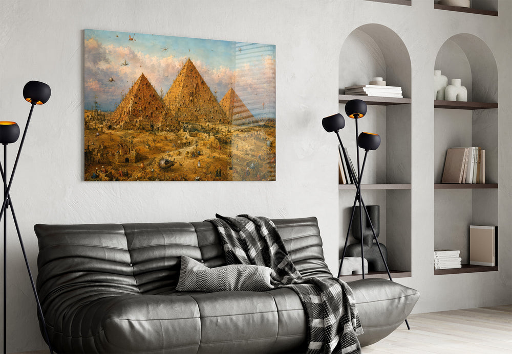 Pyramids of Giza glass wall art styled in a contemporary living room
