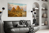 Pyramids of Giza glass wall art styled in a contemporary living room