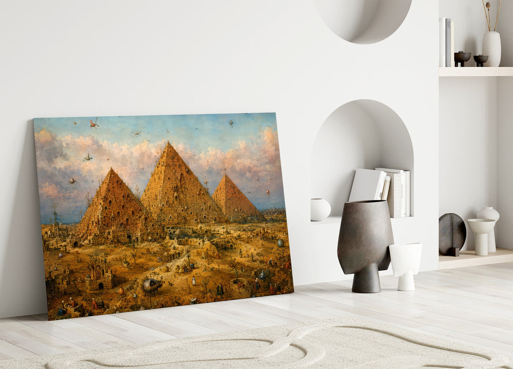 Pyramids of Giza glass wall art leaning against a wall in a minimalist interior