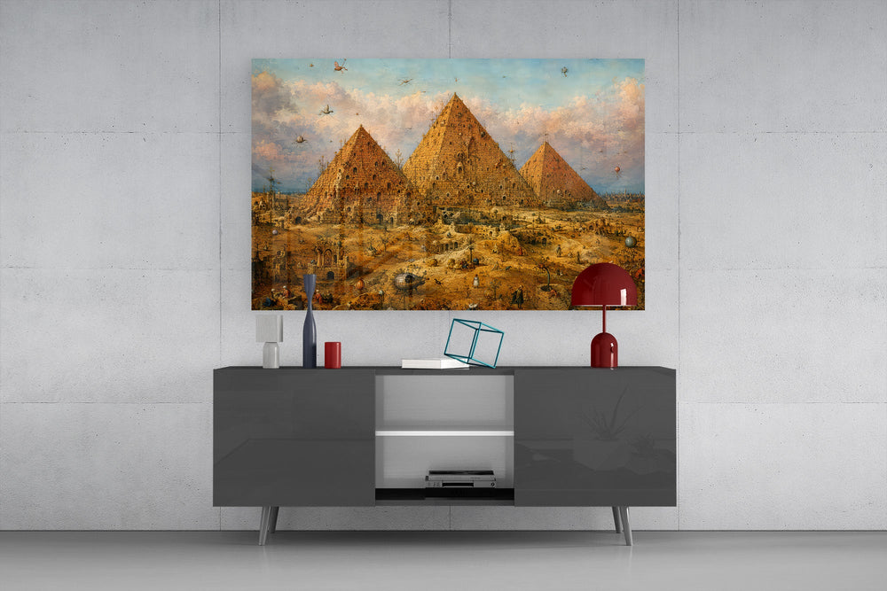 Pyramids of Giza glass wall art displayed above a console in a modern interior