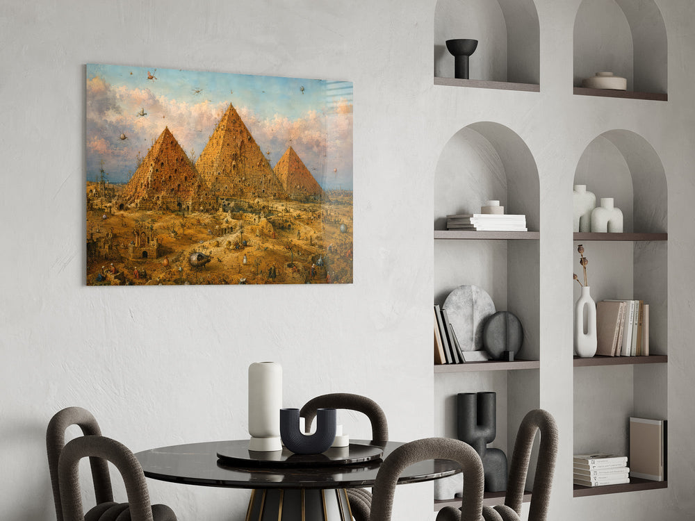 Pyramids of Giza glass wall art shown in a warm, styled interior setting