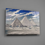 Pyramids of Giza glass wall art mounted flat on a grey wall