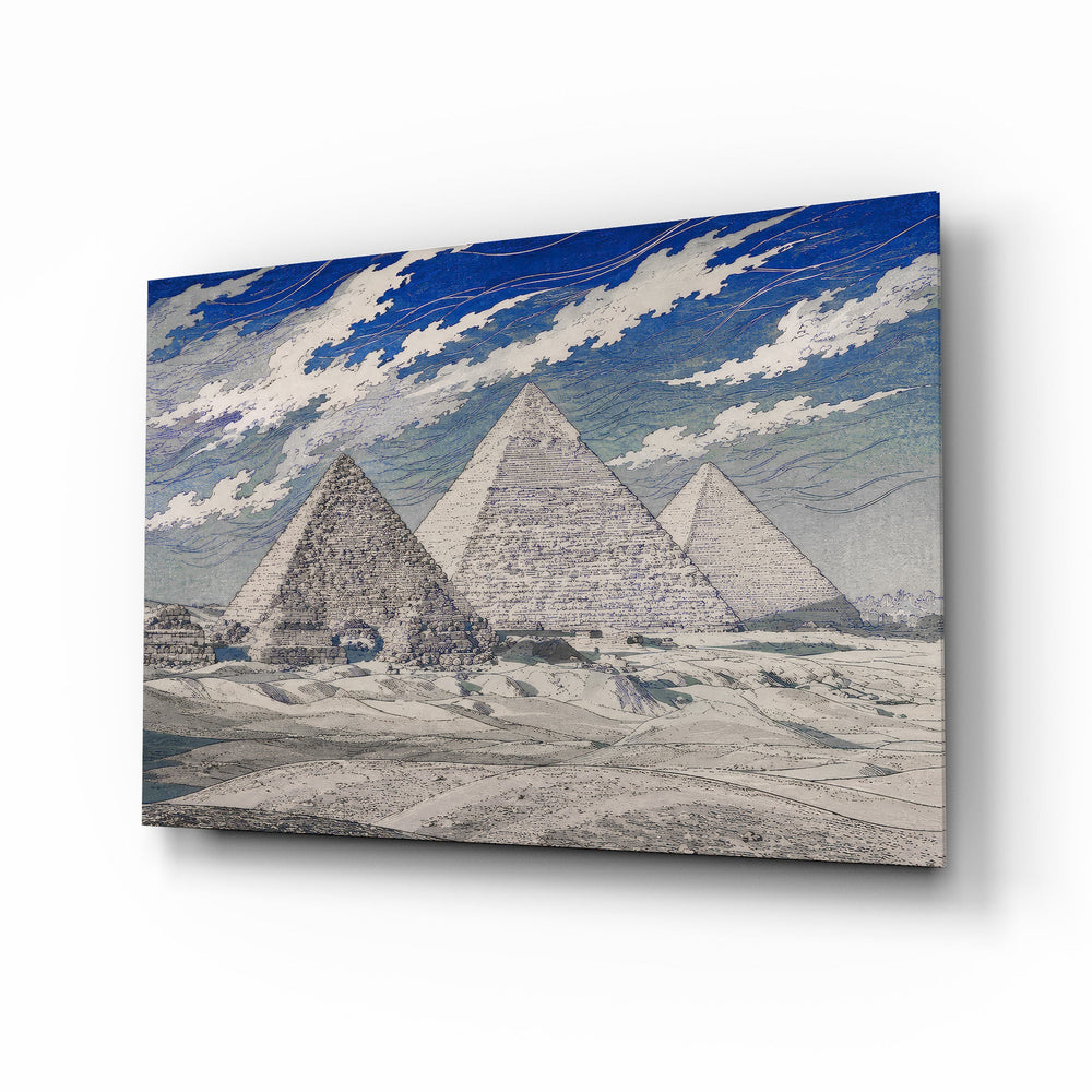 Pyramids of Giza glass wall art, angled view of the tempered glass panel