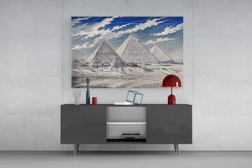 Pyramids of Giza glass wall art displayed above a console in a modern interior