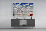 Pyramids of Giza glass wall art displayed above a console in a modern interior
