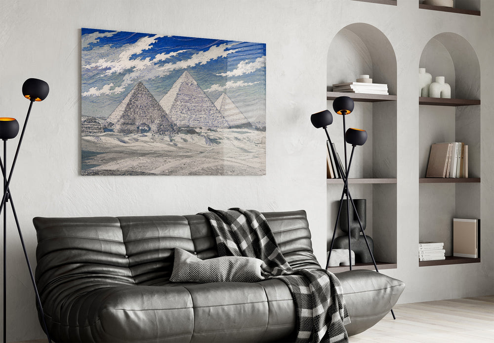 Pyramids of Giza glass wall art styled in a contemporary living room