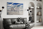 Pyramids of Giza glass wall art styled in a contemporary living room