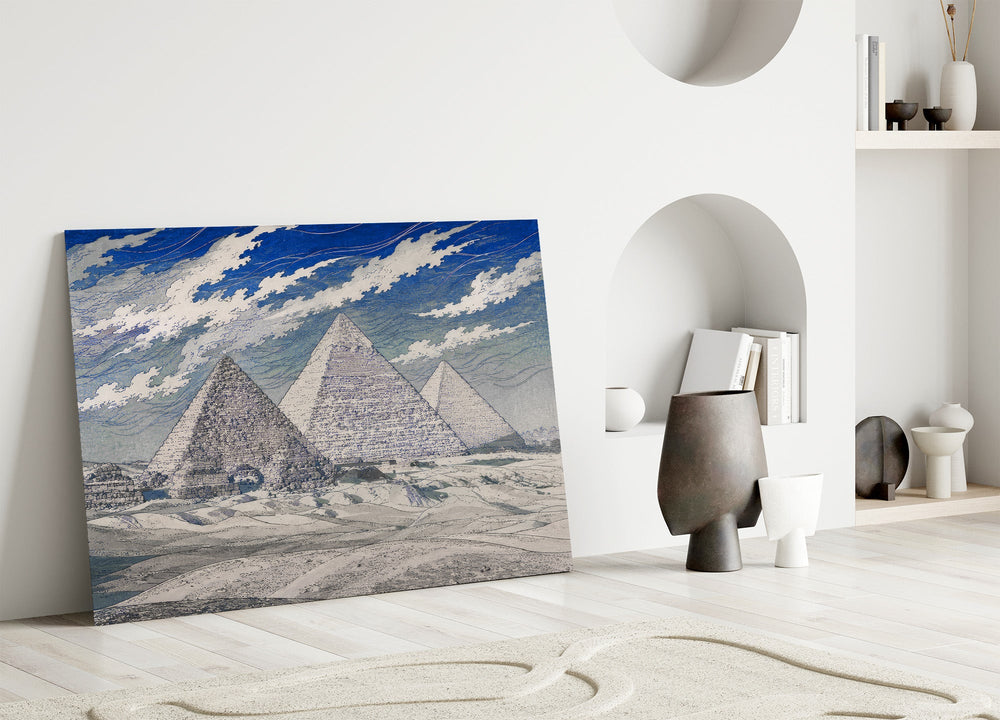 Pyramids of Giza glass wall art leaning against a wall in a minimalist interior