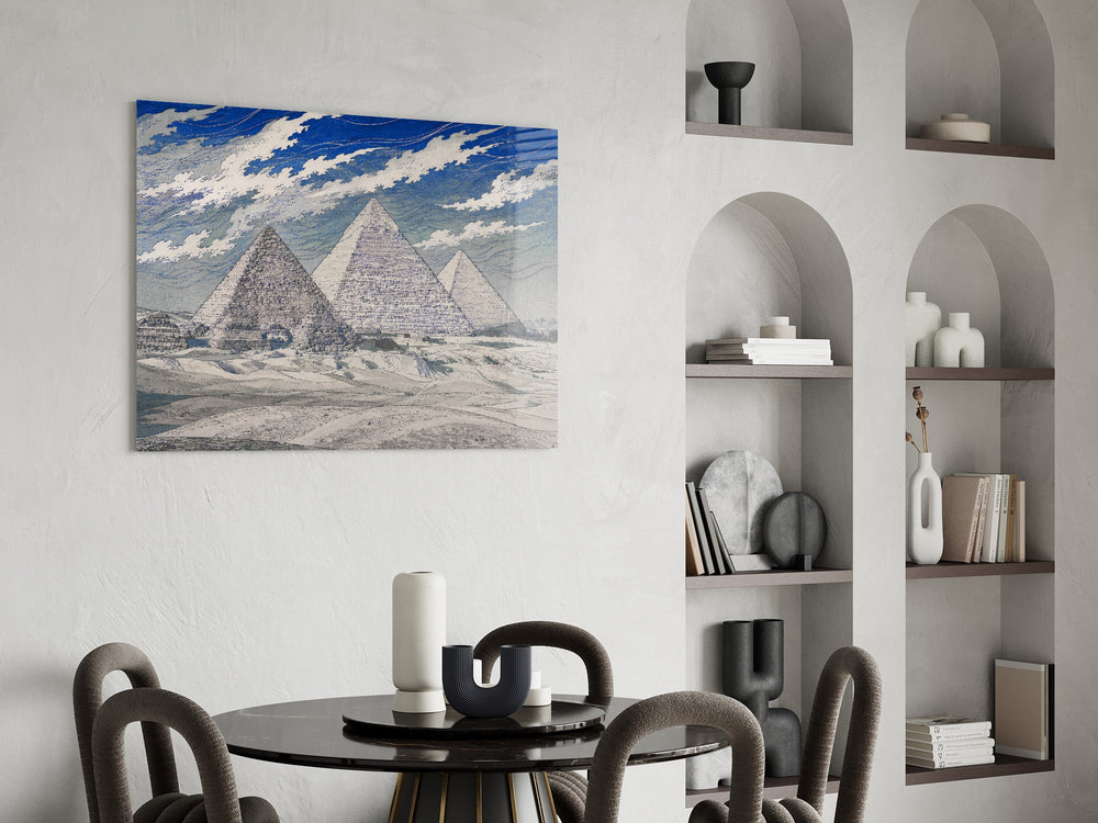 Pyramids of Giza glass wall art shown in a warm, styled interior setting