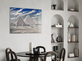 Pyramids of Giza glass wall art shown in a warm, styled interior setting