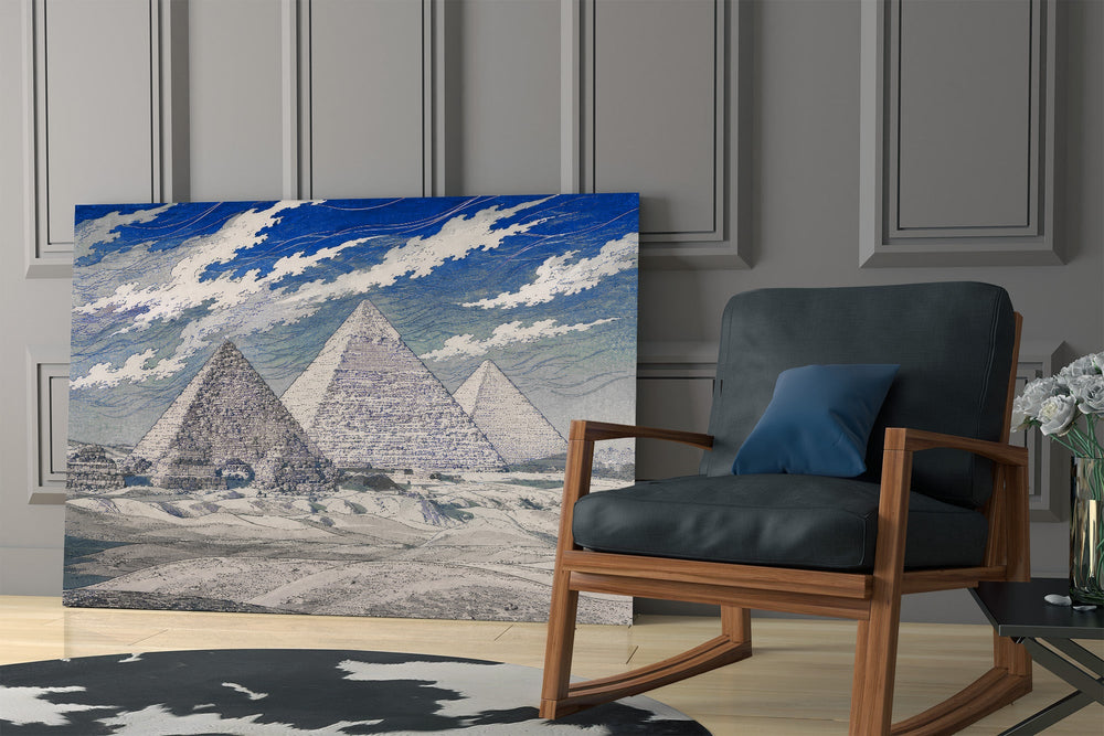Pyramids of Giza glass wall art hanging as a focal point in a modern room