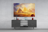 Pyramids of Giza glass wall art displayed above a console in a modern interior