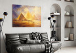 Pyramids of Giza glass wall art styled in a contemporary living room