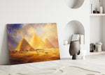 Pyramids of Giza glass wall art leaning against a wall in a minimalist interior