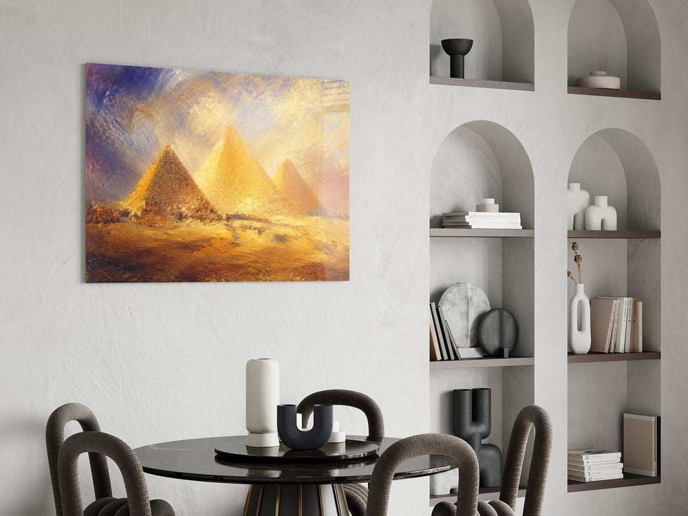 Pyramids of Giza glass wall art shown in a warm, styled interior setting