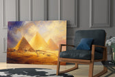 Pyramids of Giza glass wall art hanging as a focal point in a modern room