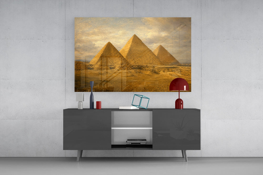 Pyramids of Giza glass wall art displayed above a console in a modern interior