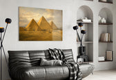 Pyramids of Giza glass wall art styled in a contemporary living room