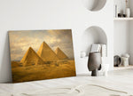 Pyramids of Giza glass wall art leaning against a wall in a minimalist interior