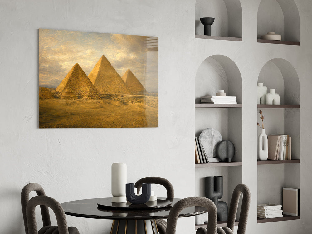 Pyramids of Giza glass wall art shown in a warm, styled interior setting