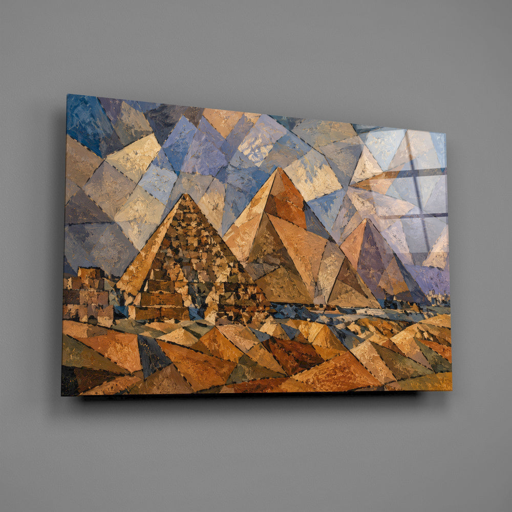 Pyramids of Giza glass wall art mounted flat on a grey wall