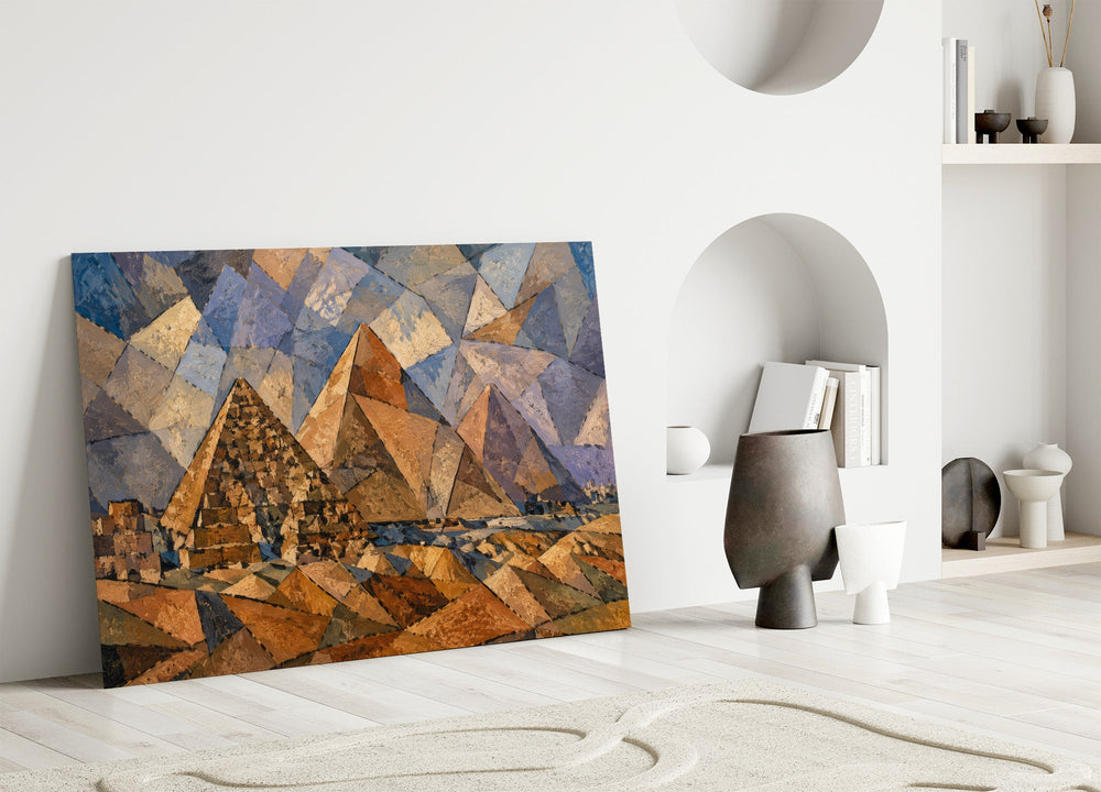 Pyramids of Giza glass wall art leaning against a wall in a minimalist interior