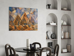 Pyramids of Giza glass wall art shown in a warm, styled interior setting