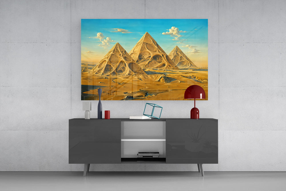 Pyramids of Giza glass wall art displayed above a console in a modern interior