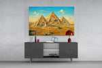 Pyramids of Giza glass wall art displayed above a console in a modern interior