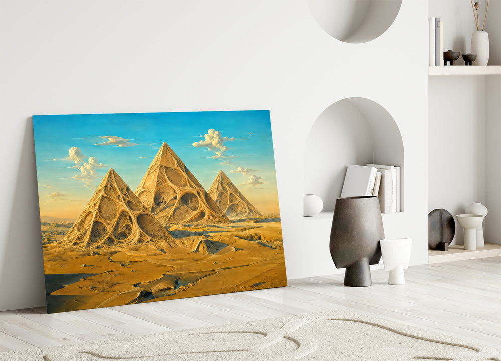 Pyramids of Giza glass wall art leaning against a wall in a minimalist interior