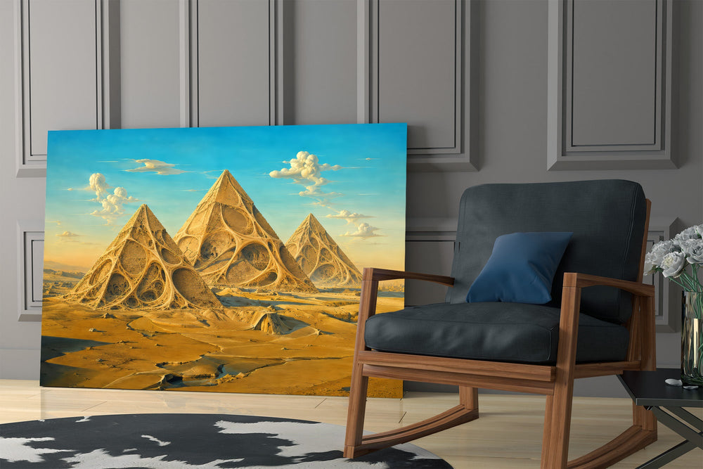 Pyramids of Giza glass wall art hanging as a focal point in a modern room