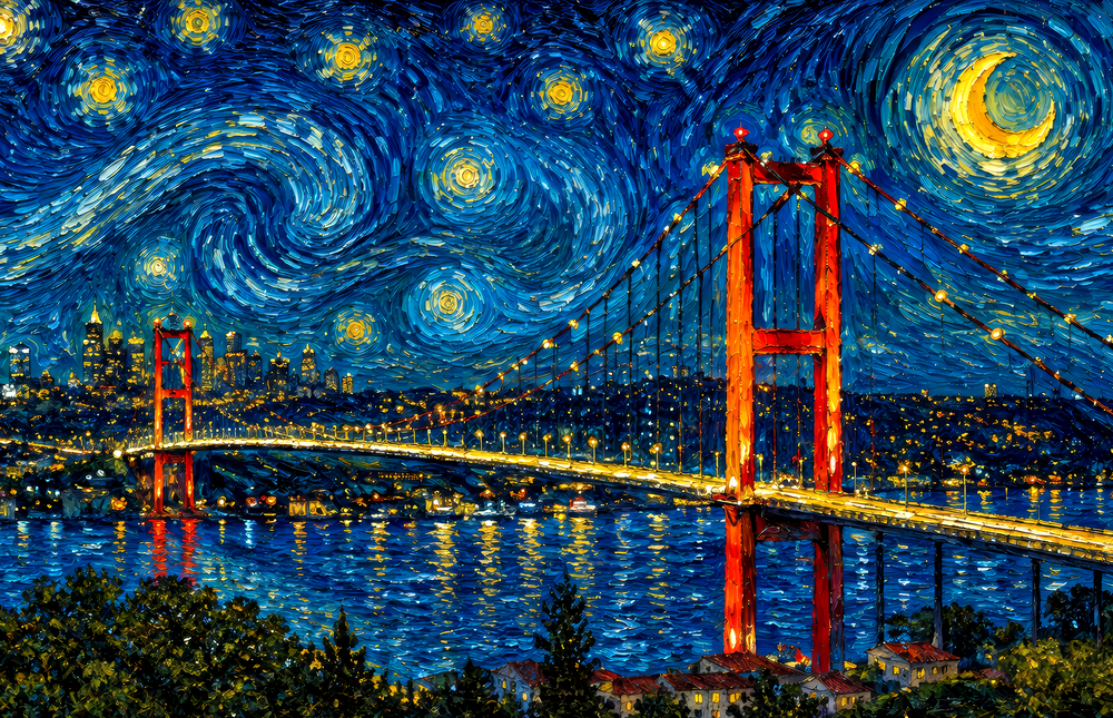 Istanbul Bosphorus Bridge Van Gogh Style Glass Wall Art