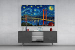 Istanbul Bosphorus Bridge glass wall art displayed above a console in a modern interior