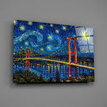 Istanbul Bosphorus Bridge glass wall art mounted flat on a grey wall