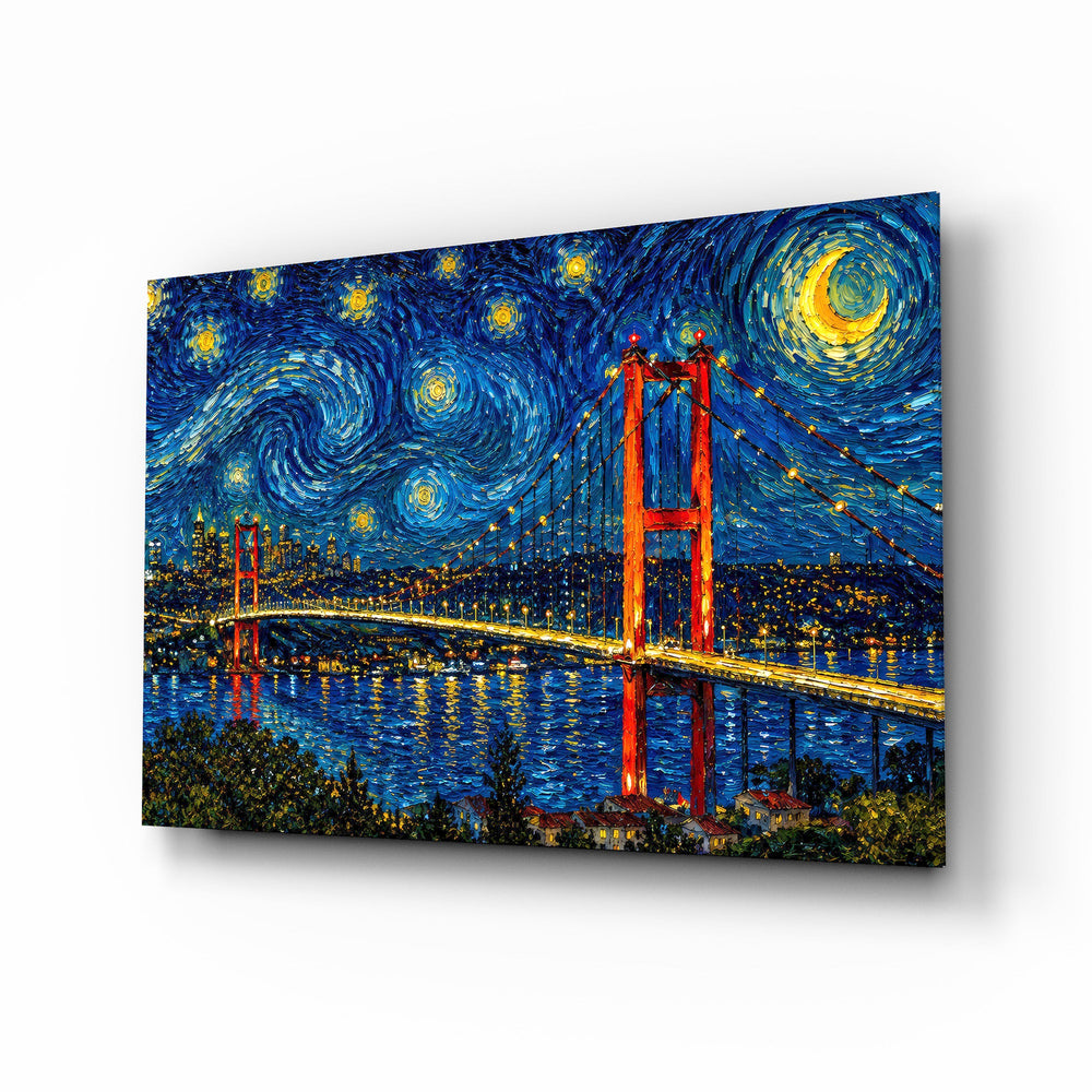 Istanbul Bosphorus Bridge glass wall art, angled view of the tempered glass panel