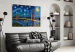 Istanbul Bosphorus Bridge glass wall art styled in a contemporary living room