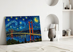 Istanbul Bosphorus Bridge glass wall art leaning against a wall in a minimalist interior