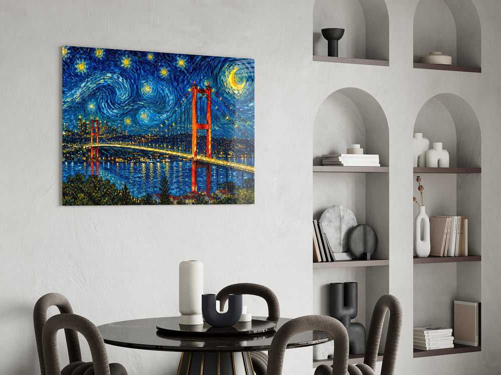 Istanbul Bosphorus Bridge glass wall art shown in a warm, styled interior setting