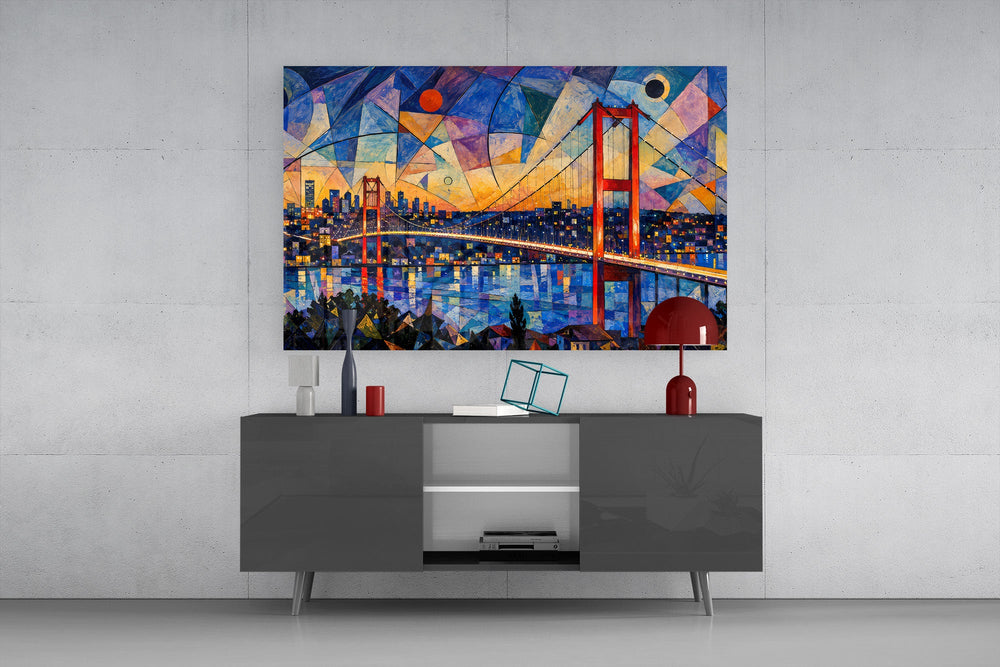 Istanbul Bosphorus Bridge glass wall art displayed above a console in a modern interior
