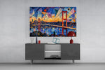 Istanbul Bosphorus Bridge glass wall art displayed above a console in a modern interior