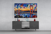 Istanbul Bosphorus Bridge glass wall art displayed above a console in a modern interior