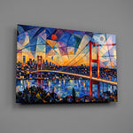Istanbul Bosphorus Bridge glass wall art mounted flat on a grey wall