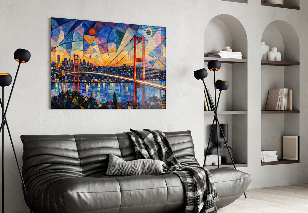 Istanbul Bosphorus Bridge glass wall art styled in a contemporary living room