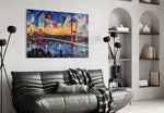 Istanbul Bosphorus Bridge glass wall art styled in a contemporary living room