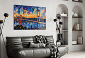Istanbul Bosphorus Bridge glass wall art styled in a contemporary living room